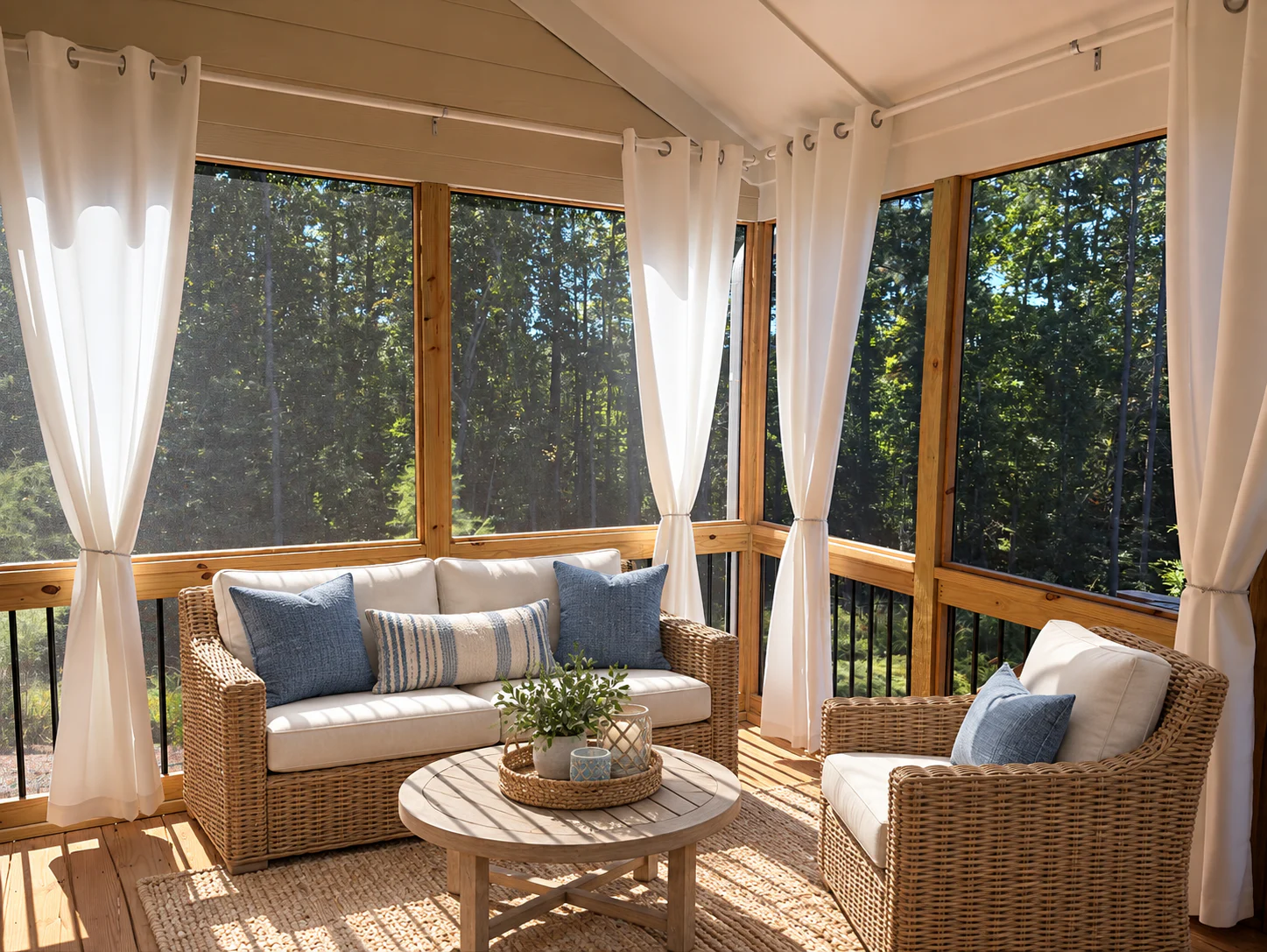 Elegant wicker seating on screened porch (2)